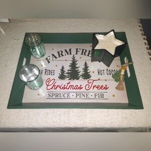 Christmas Decoration Hunter Forest Green Serving Tray & Holiday Candle Bundle
